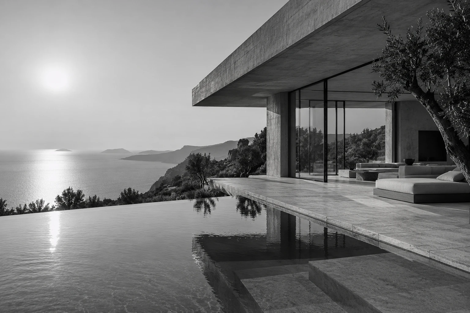Villa contemporaine en béton au bord d’un bassin